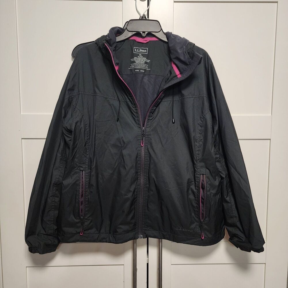 LL Bean BLACK/pink Lightweight Windbreaker Hoodie Jacket Size XL